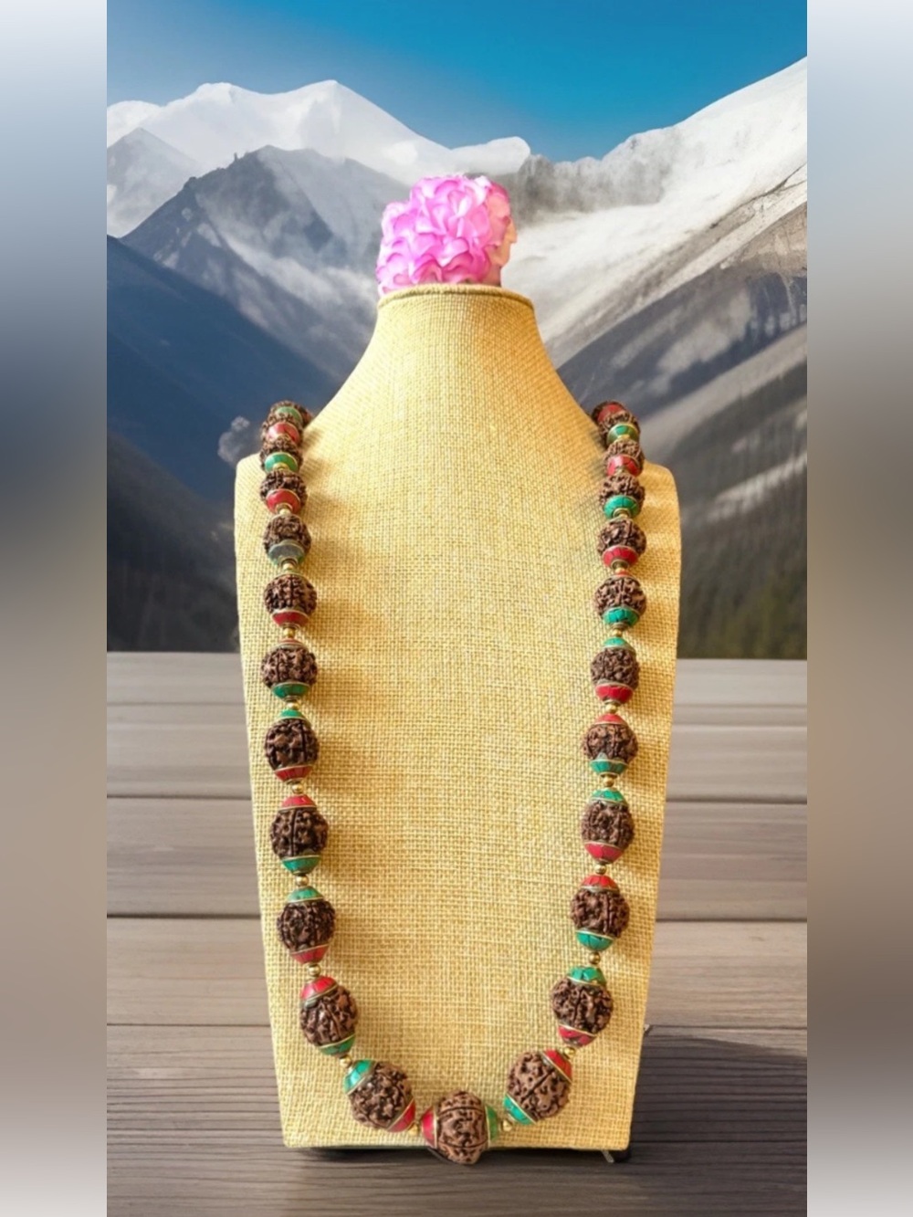 Vintage Long Handcrafted Capped Rudraksha Beads Yoga Mala Inlay Stone 35”in,160g